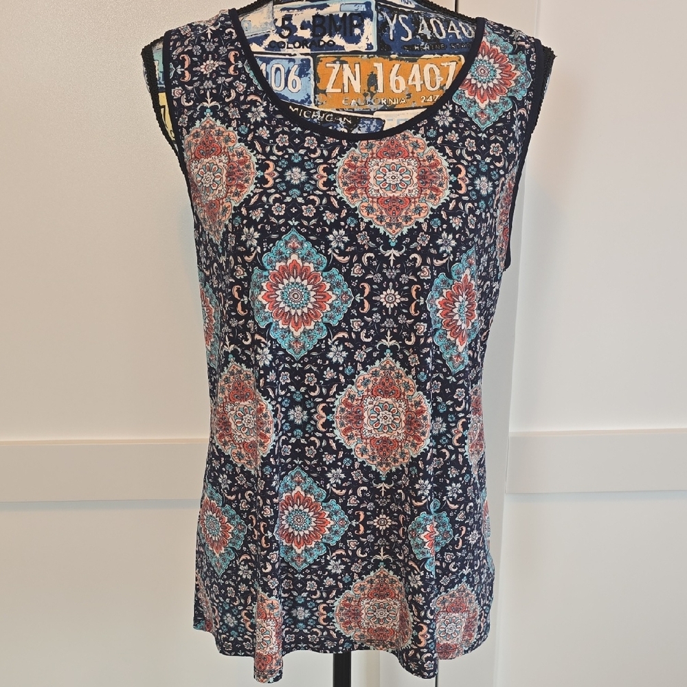 Agenda Navy and Coral Patterned Tank Top